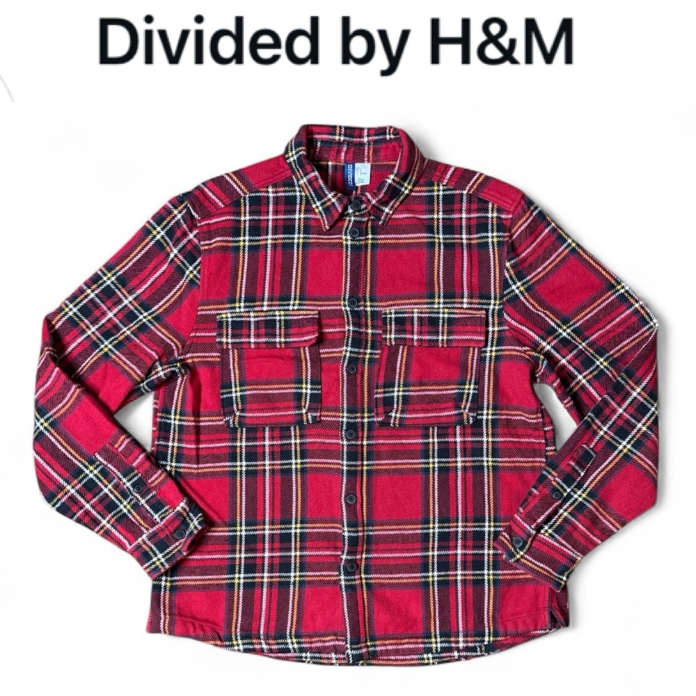 DIVIDED RED PLAID COLLARED MID WEIGHT COTTON LONG SLEEVE UNISEX SHIRT